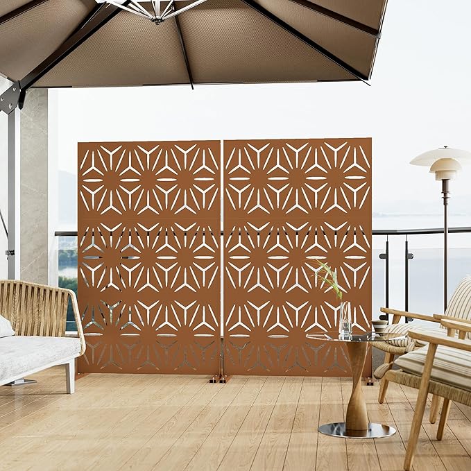 Heavy-Duty Outdoor Privacy Screen for Patio, Balcony, Backyard - 72" H * 44" W Metal Room Divider with Classic Clover Pattern, Anti-Tipping Kit, Weather Resistant, Easy Assembly (Raw Umber-SJX)