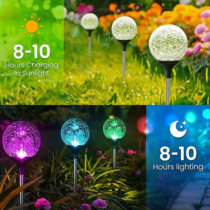 Gigalumi Solar Garden Lights Decorations 6 Pack, Outdoor Solar Lights for Yard Decorative, Multi-Colored Changing Garden Globes Waterproof Cracked Glass Ball with LED Lights Decor for Patio Landscape