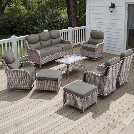 Rilyson Wicker Outdoor Patio Furniture Set - 8 Piece Patio Conversation Sets with Swivel Rocker Chairs, Ottomans, Sofa and Table, 6 inch Cushions, Deep Seating, for Porch Deck Brown/Grey