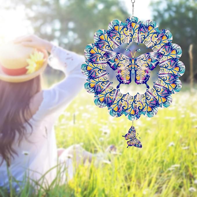 TUOKING Butterfly Wind Spinners Outdoor for Yard and Garden Decor 3D Hanging Wind Sculpture 12 Inch Stainless Steel Wind Spinner Decoration Worth Gift for Women