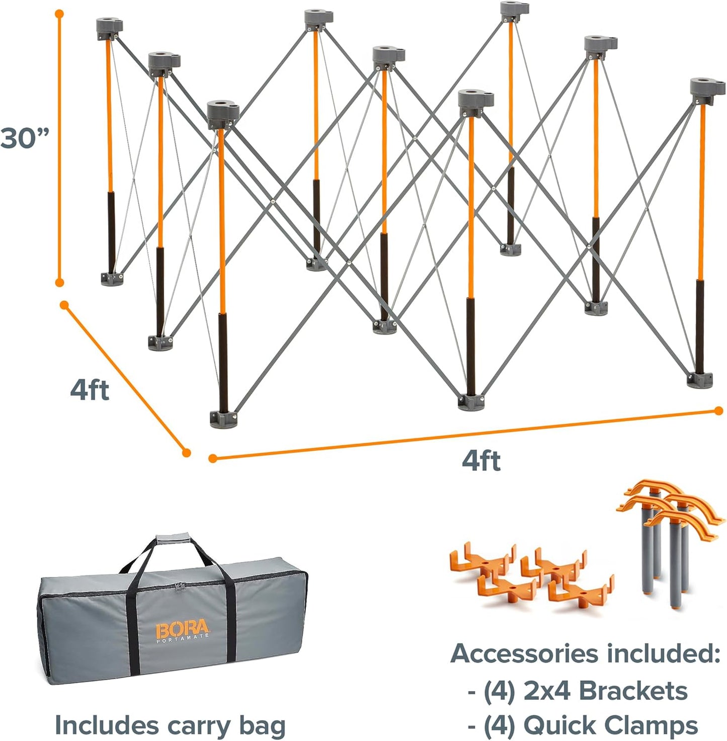 Bora Centipede 30in Folding Work Table Set - No Assembly 9-Strut Collapsible Table 3500lb Weight Limit - 4x4ft Mobile Work Station with Storage Bag, Foldable Work Bench Table - CK9S, Orange/Black