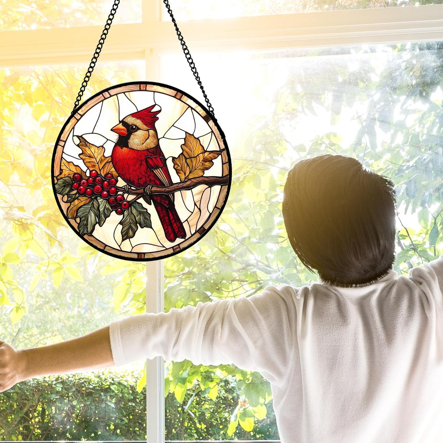 Stained Glass Window Hanging, Birds on a Branch Cardinal Sun Catchers Diamond Glass Panel Hangings Suncatcher Decor for Birthday for Women, Men, Wife, Aunt, and Mom 9.8X9.8IN