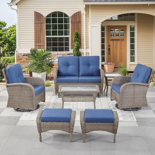 HUMMUH 7 Pieces Wicker Patio Conversation Set Outdoor Glider Loveseat with Patio Swivel Rocking Chairs Outdoor Patio Set for Deck Lawn Porch Balcony Poolside-Grey/Blue