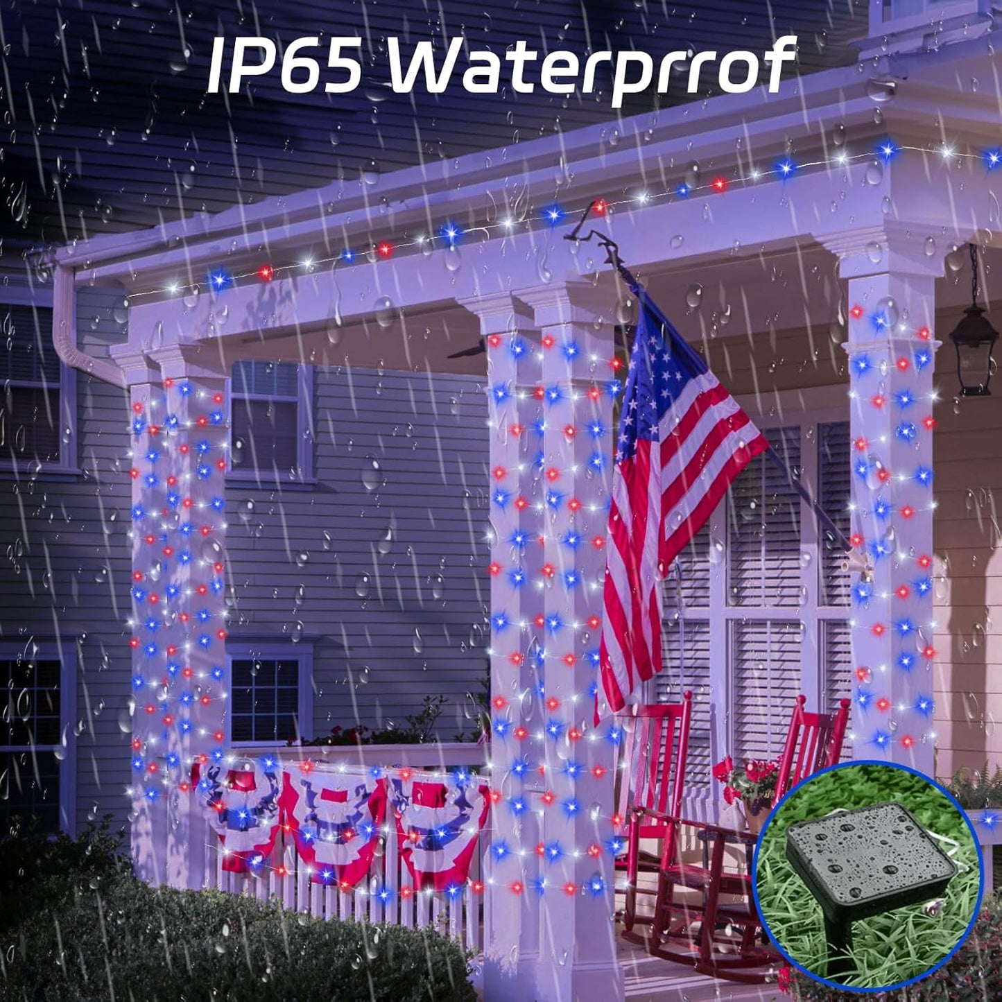 Red White and Blue Solar Fairy Lights, 4th of July Lights Waterproof Outdoor 16.4ft 50LED 8 Modes Memory Function Independence Day Memorial Day Decorations