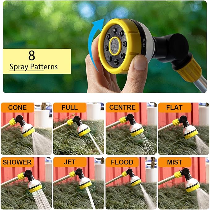 17.5" Gardening Watering Wand | 8 Spray Patterns & Thumb-Controlled Switch | 180° Rotating Long Nozzle| for Plants, Hanging Baskets and Shrubs, Pet Bathing, Wall Washing-Yellow