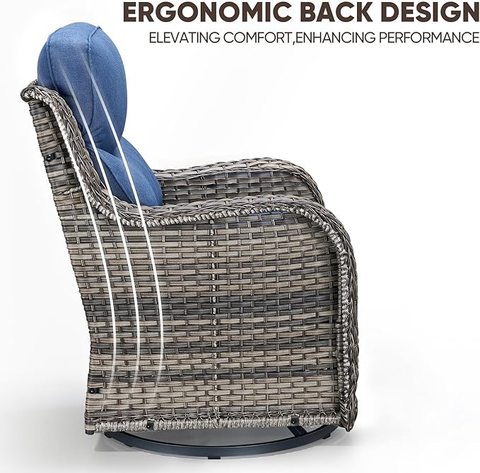 Swivel Patio Chairs sofa Set of 6 - 6" Thick Cushion - Wicker Outdoor Swivel Rocker Patio Chair ,Sofa/Glass coffee table, High Back Comfortable Outdoor Glider Chairs - Grey Wicker | Blue Cushions