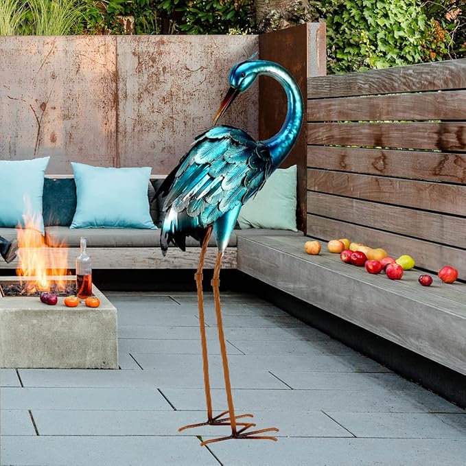 chisheen Metal Crane Garden Statue, Blue Heron Sculpture Yard Art, Large Heron Decoy, Bird Statues, Lawn Ornaments for Backyard Pond Patio Porch Outside Decorations
