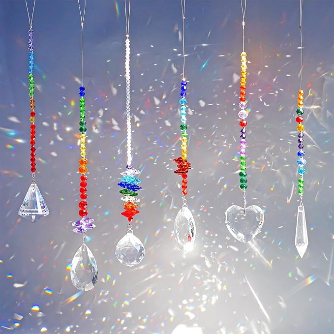 H&D HYALINE & DORA Colorful Crystals Glass Pendants Chandelier Suncatchers Prisms Hanging Ornament Octogon Chakra Crystal Pendants for Home,Office,Garden Decoration,Pack of 6