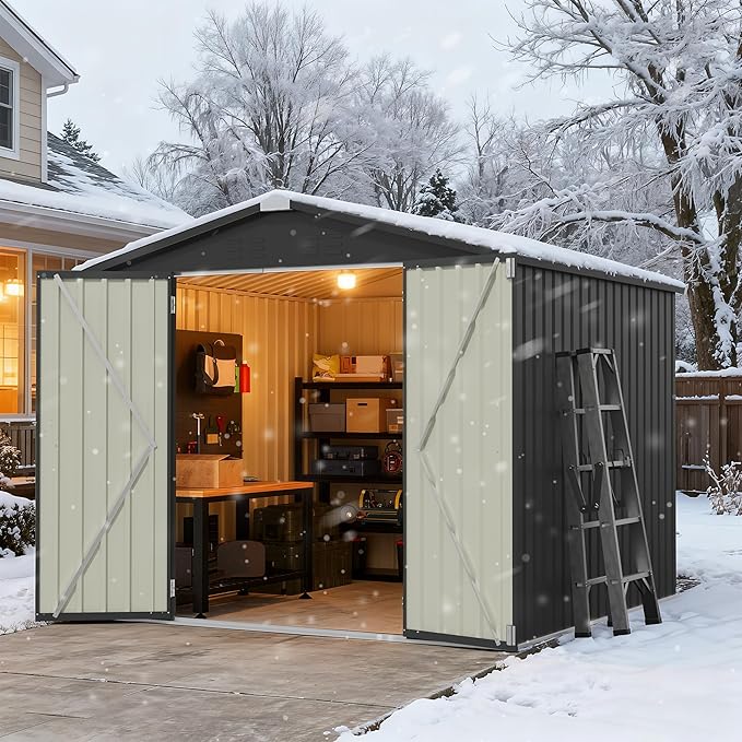 Greesum 8x8FT Outdoor Storage Shed, Utility Tool Shed Metal Storage Garden Shed with Door & Lock for Patio Storage, Black