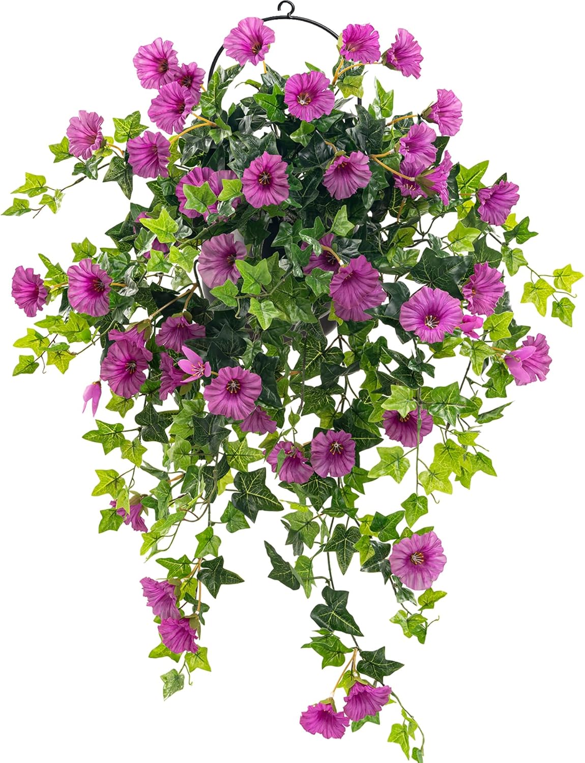 Artificial Petunias Hanging Flowers for Outdoors Uv Resistant Fake Petunias Plants Hanging Flower Patio Decor Outside Basket Realistic Silk Petunias Plant (with Pot Purple 2 PCS)