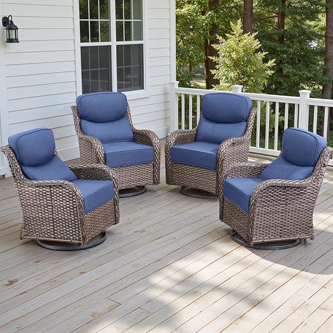 Rilyson 4 Piece Outdoor Patio Swivel Rocker Chairs, Waterproof Wicker, High Back, Deep Seating, Wide Armrest, Upgraded 6 inch Thick Cushions, Ideal for Deck Porch Backyard, Brown/Blue