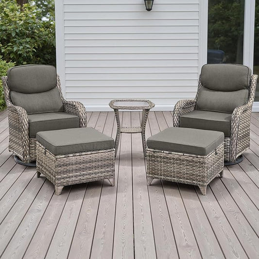Rilyson Wicker Outdoor Patio Furniture Set - 5 Piece Patio Conversation Sets with Swivel Rocker Chairs, Ottomans and Side Table, 6 inch Cushions, Waterproof Wicker, for Porch Deck Mixed Grey/Grey