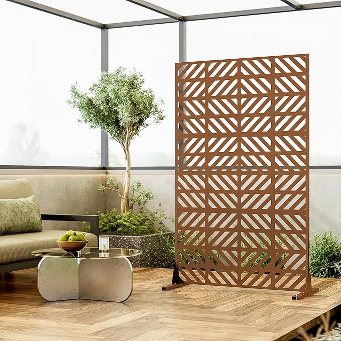 Heavy-Duty Outdoor Privacy Screen for Patio, Balcony, Backyard - 72" H * 44" W Metal Room Divider with Geometric Pattern, Anti-Tipping Kit, Weather Resistant, Easy Assembly (Raw Umber-FGXPF)