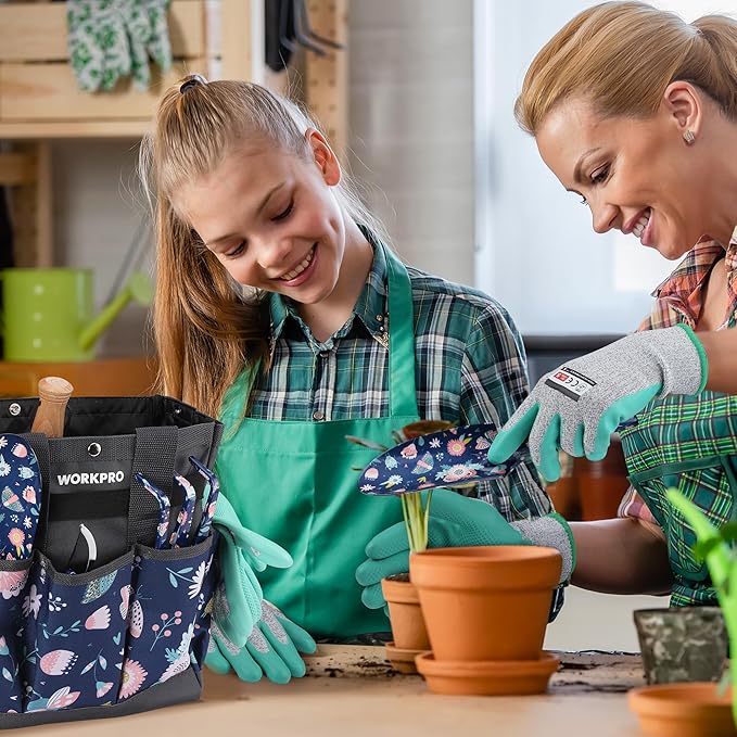 WORKPRO 5PCS Garden Tool Set, Aluminum Heavy Duty Gardening Tool Set with Garden Tool Bag, Outdoor Garden Hand Tools, Blue Insect and Flower