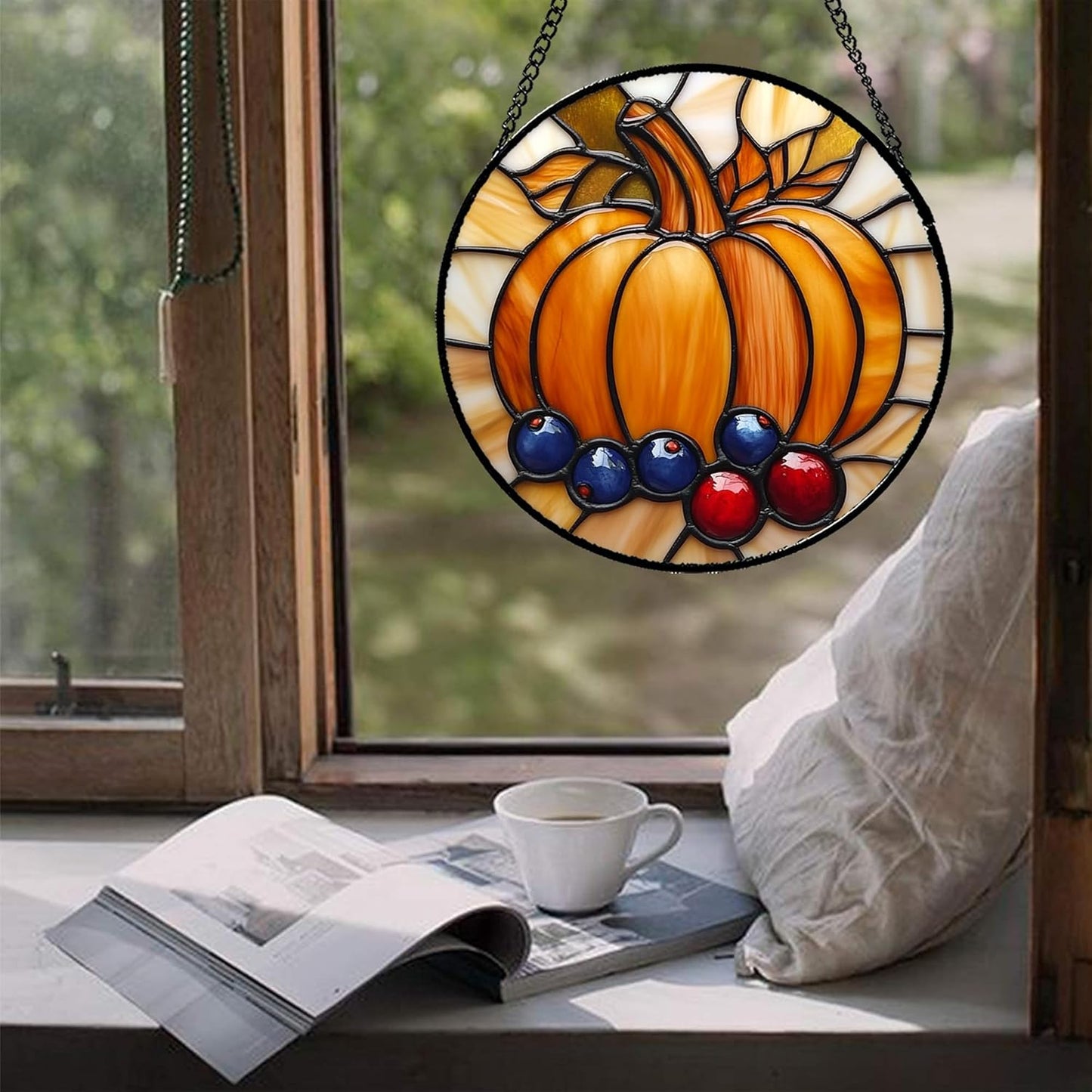 Stained Glass Window Hanging Fall Pumpkin Berries Large 11.8" - Suncatcher Door Garden Kitchen Sunroom Sun Catcher Autumn Home Decor Birthday for Mom Grandma Men Woman