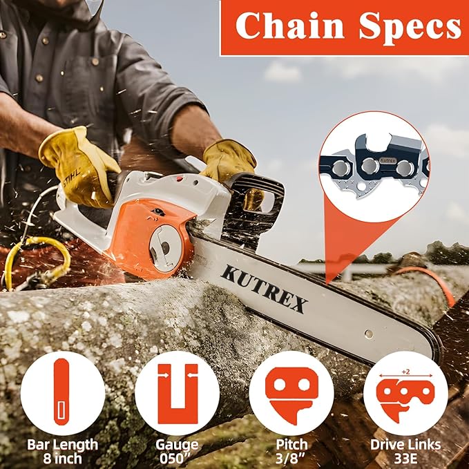 8 Inch Chainsaw Chain 3/8" LP Pitch, 050" Gauge, 33 Drive Links | 3Pack Low-Kickback Replacement Chain for Craftsman, Worx, Ryobi, Echo, Poulan and More -S33