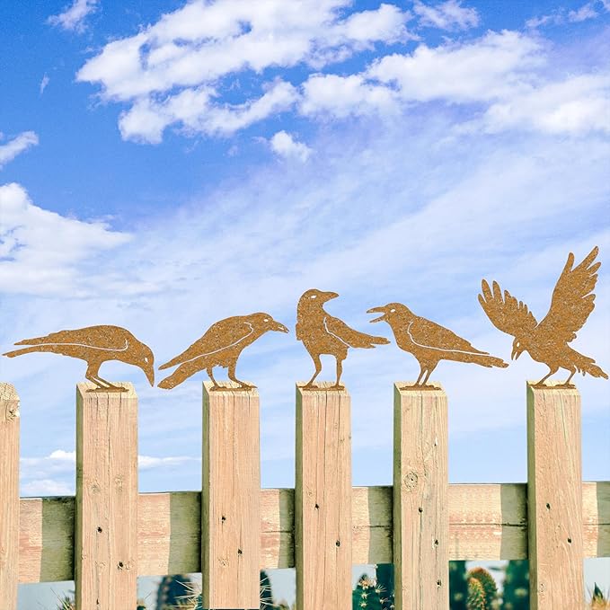 5Pcs Rusty Birds Metal Art Crow for Fence Decorations Outdoor, Metal Birds Craft Statue Ornaments Fence Topper Decor, Metal Bird Silhouette with Rusty Yard Art