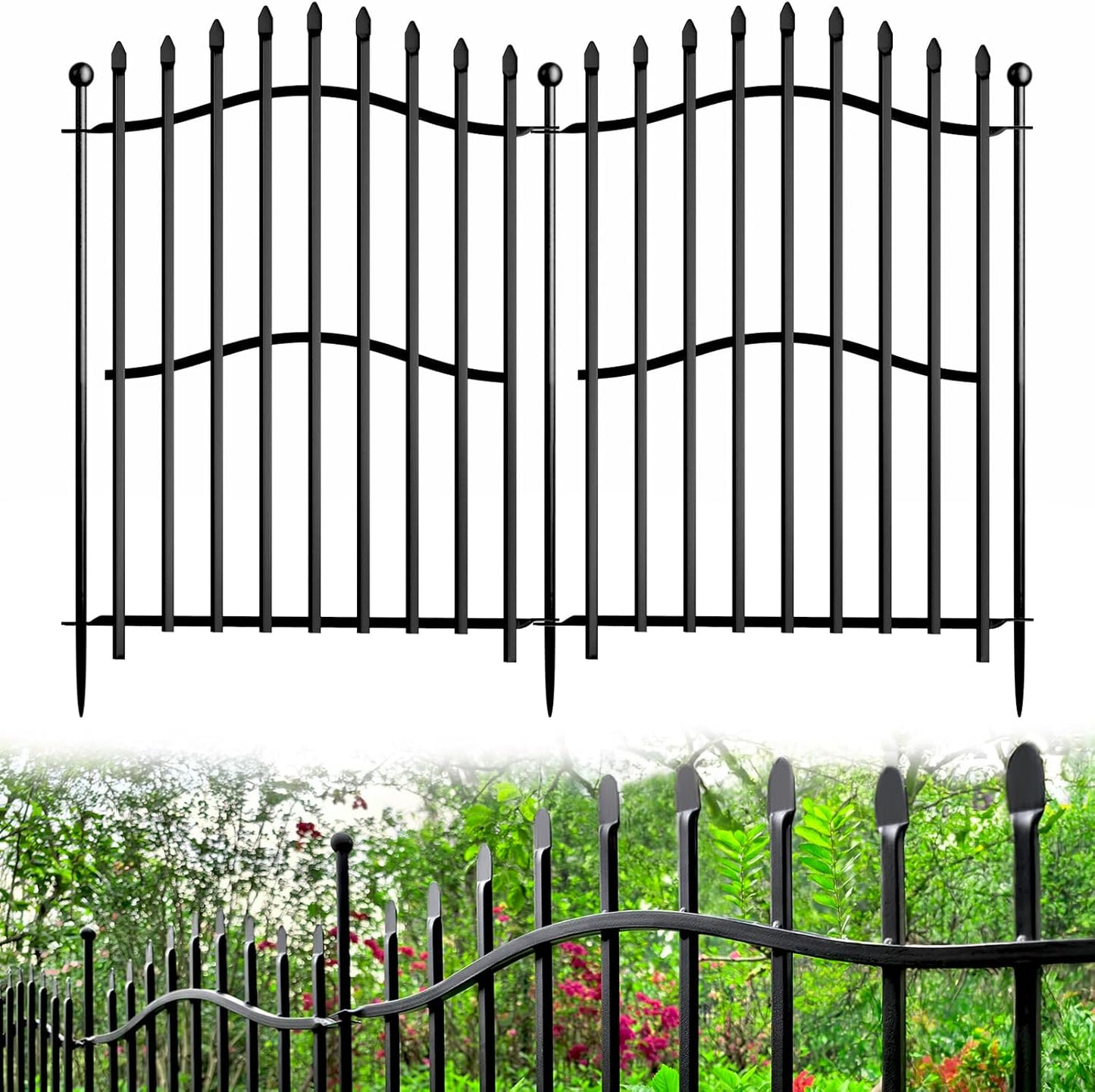 10 Panels No Dig Decorative Garden Fence - 32in H x 22.5ft L, Tall Heavy-Duty Square Tube Animal Barrier, Rustproof Metal Border Fencing for Yard, Outdoor Dog Playpen & Flower Beds