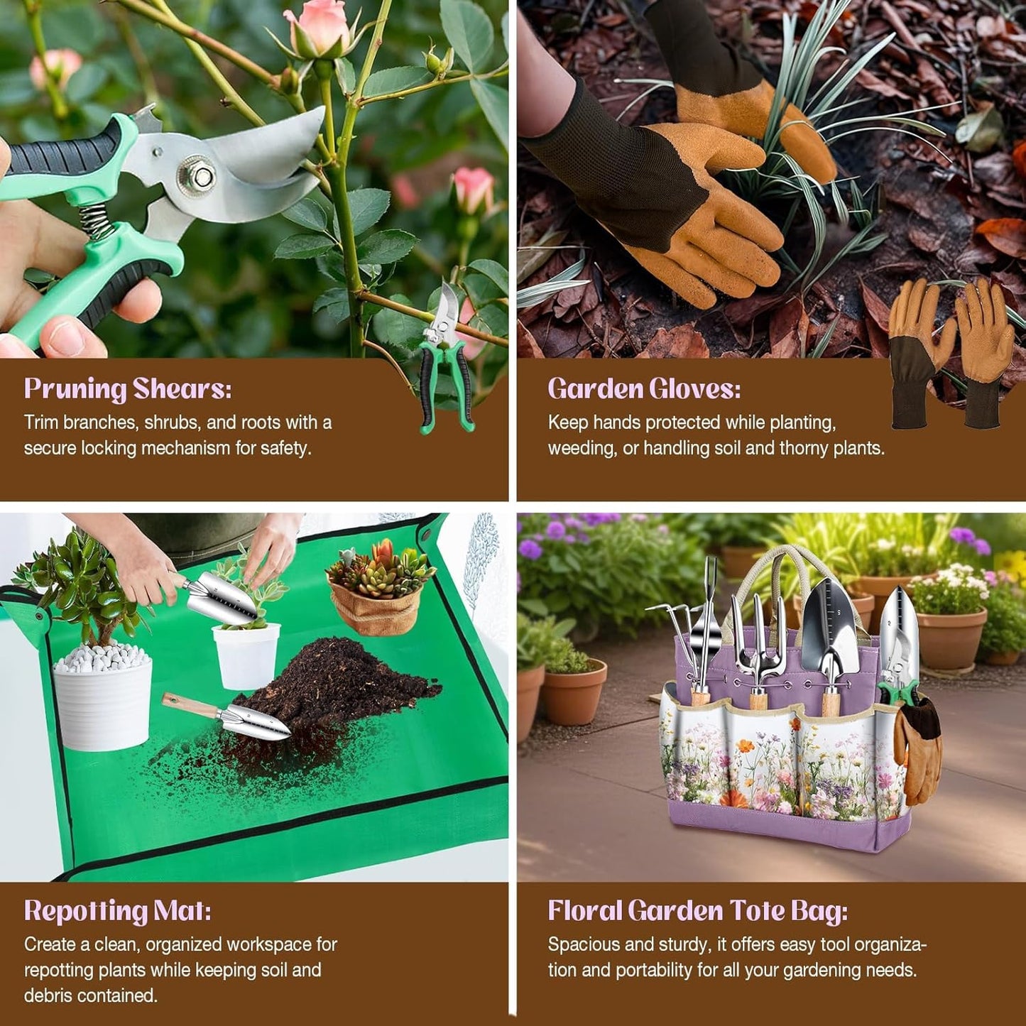 Gardening Tools Set 9-Piece Heavy-Duty Gardening Gifts for Women Mom Wife Gardening Hand Tools with Purple Floral Tote Bag and Repotting Mat, halilus Stainless Steel Garden Supplies Kit