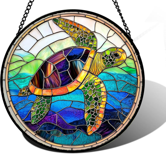 Stained Glass Window Hanging, Colored Turtle Ocean Suncatcher Diamond Glass Panel Hangings Marine Life Sun Catchers Decor for Birthday for Women, Men, Wife, Aunt, Mom 11.8 in