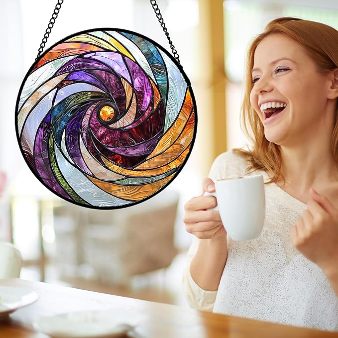 Stained Glass Window Hanging, Colorful Abstract Spiral Pattern Suncatcher for Doors Window Home Sun Catchers Decoration Mother's Day Birthday Gifts for Women, Men, and Mom 15 in