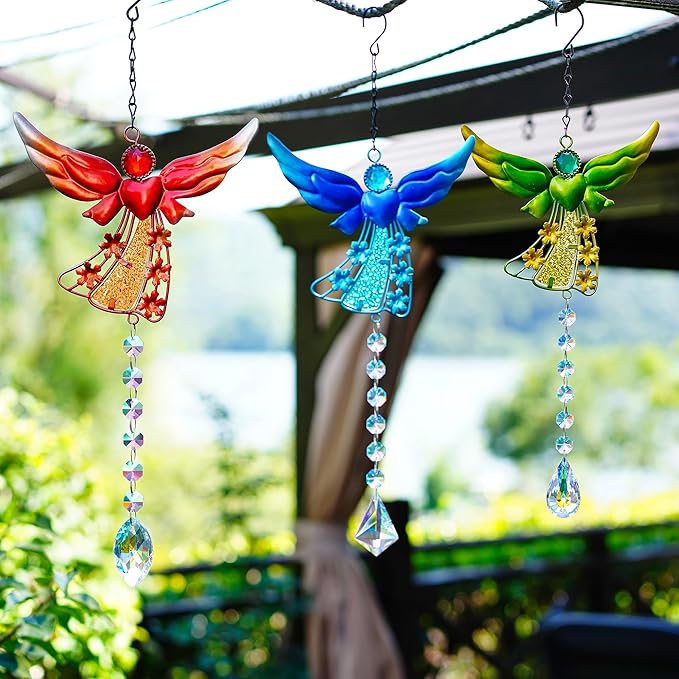 Set of 3 Guardian Angel Suncatchers, Crystal Angel Sun Catcher for Windows Hanging, Stained Glass Angel Ornament for Outdoor Christmas Decor