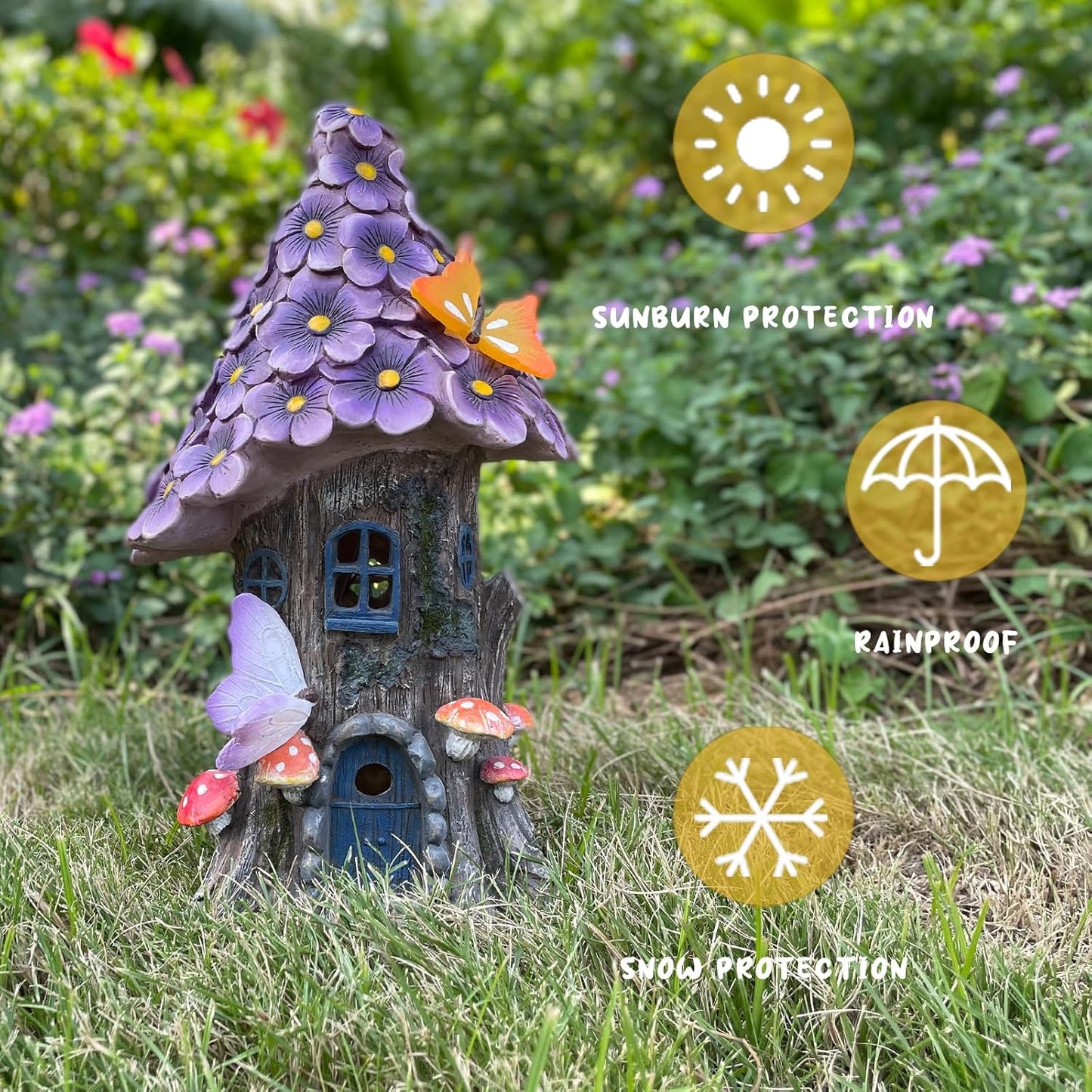COWOS Mushroom House Statue, Garden Decor Outdoor Solar Statues, Solar Garden Statue Lights, Mushroom Fairy House Figurine, Memorial, Adorable Mushroom and Flowers, Garden Decor