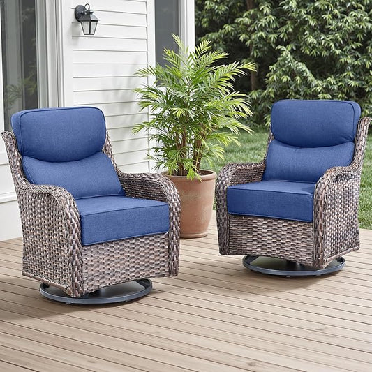 Rilyson Outdoor Patio Swivel Rocker Chairs Set of 2, Waterproof Wicker, High Back, Deep Seating, Wide Armrest, Upgraded 6 inch Thick Cushions, Ideal for Deck Porch Backyard, Brown/Blue