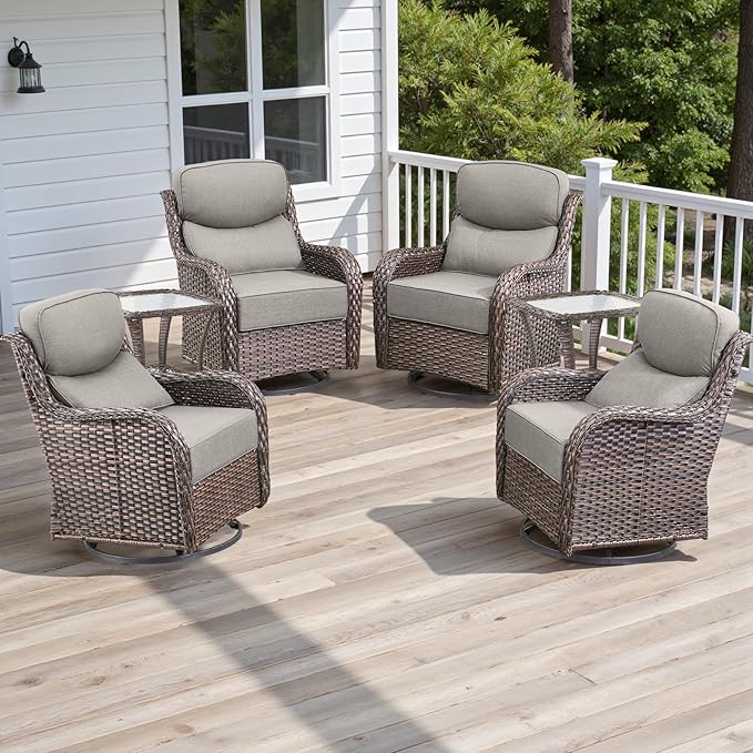 Rilyson 6 Piece Outdoor Patio Swivel Rocker Chairs, Waterproof Wicker, High Back, Deep Seating, Wide Armrest, Upgraded 6 inch Thick Cushions, Side Table, Ideal for Deck Porch Yard, Brown/Beige