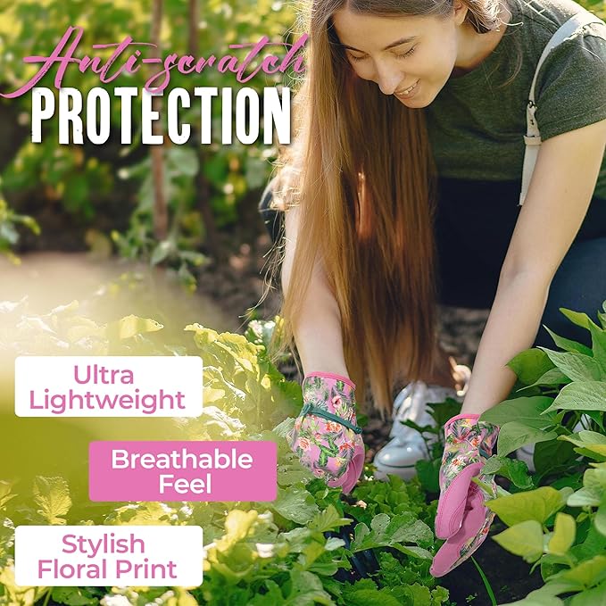 HANDLANDY Gardening Gloves for Women, Breathable Ladies Leather Garden Yard Gloves Best Gift for Gardeners