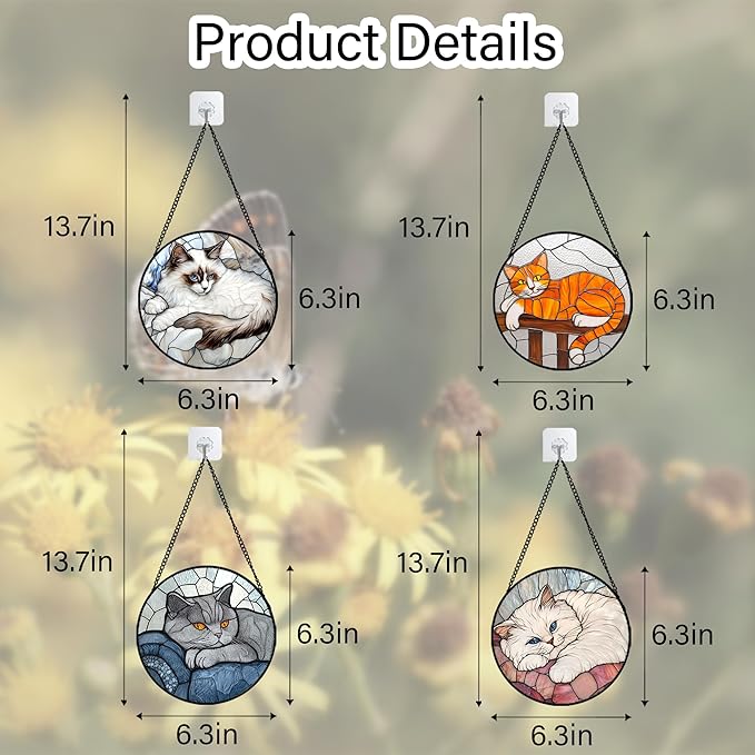 Stained Glass Window Hanging 4 Pcs Set Cute Cat 6.3" - Suncatcher Door Garden Sun Catcher Decor Birthday Mother's Day Christmas Comfort Gifts for Lost Pet Woman Nana Mom Men Friend