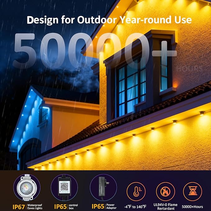 RGB Permanent Outdoor Lights, Smart LED Eaves Lights with APP & Remote Control, IP67 Waterproof Outdoor String Lights for Christmas, Halloween,Party, Garden, Patio, House Decor