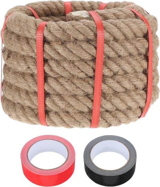 MECCANIXITY Jute Rope 1.1 Inch x 20ft, Thick Twine Rope Ropes Braided Jute Twine Natural Brown Burlap Cord String Heavy Twisted with Tapes for Decorative Crafts Railing Swing Tug of War