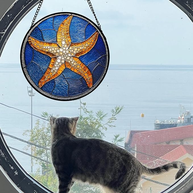 Stained Glass Window Hanging 4 Pcs Set Blue Ocean Turtle Dolphin 7.8" - Marine Life Suncatcher Garden Sun Catcher Decor Birthday Mother's Day for Mom Woman Nana Men