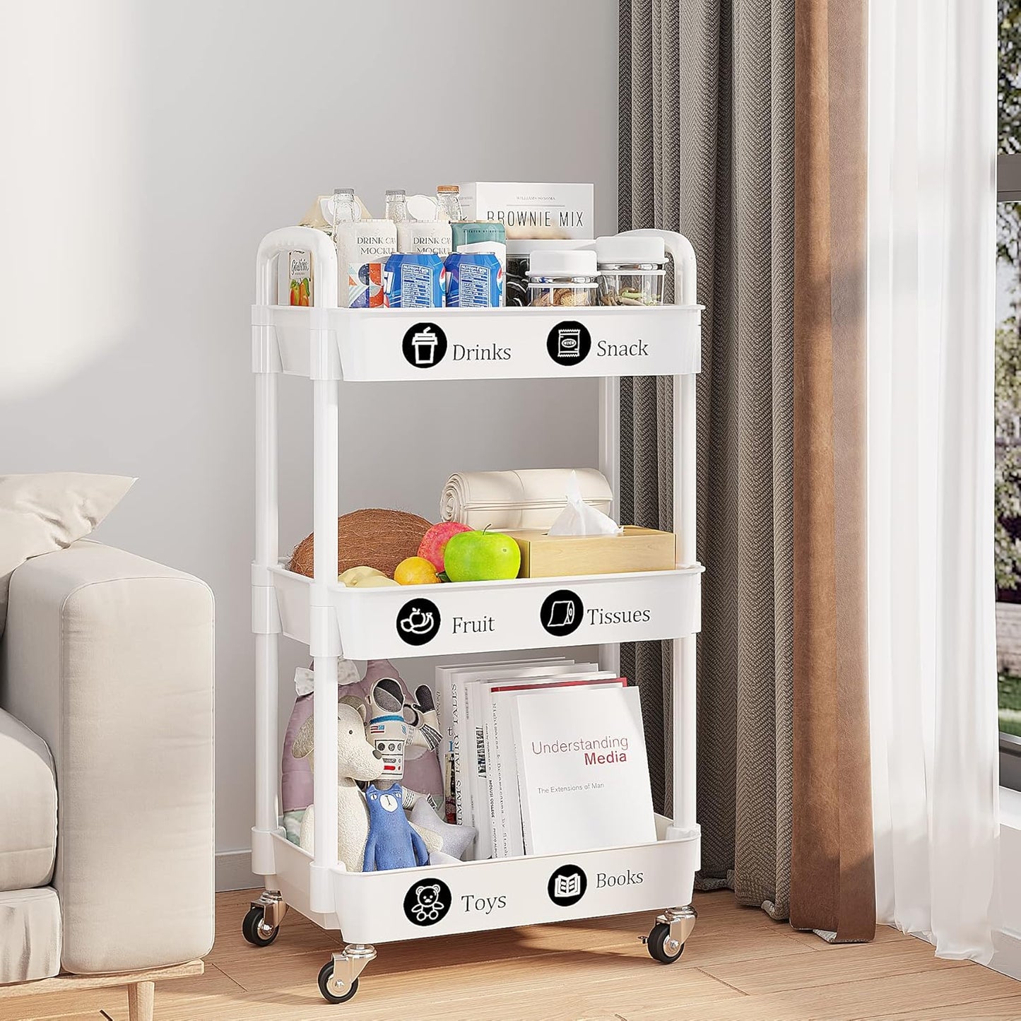 UDEAR 3-Tier Rolling Utility Cart with 12 Category Labels,Multifunctional Storage Shelves with Handle and Lockable Wheels for Room,Office,Kitchen,Bathroom,White