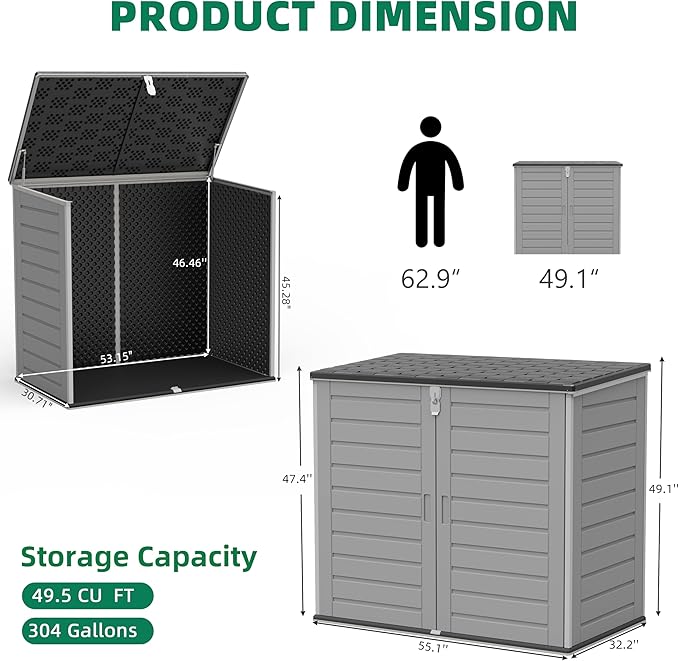 Outdoor Trash Can Storage Shed 4.6 x 4.1 FT, 304 Gallon Resin Shed with Lockable Doors & Lift Lid, Waterproof Outdoor Storage for Garden Tools, Cushions and Patio Equipment (Gary)