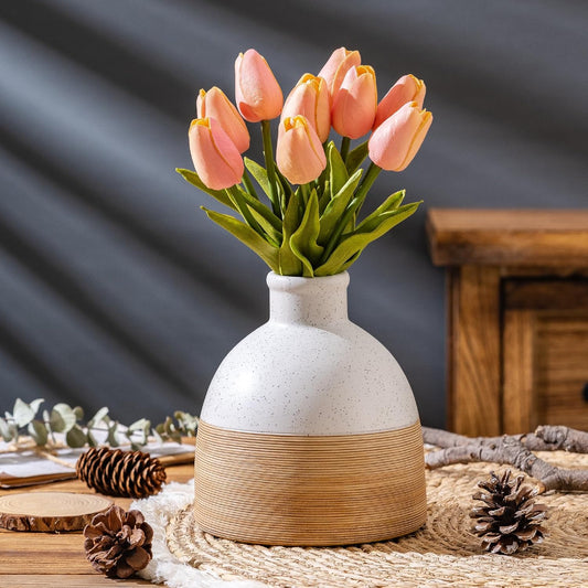 Rustic Farmhouse Flower Round Ceramic Striped Vase, Brown and White Modern Decorative Ceramic Flower Vase for Home Cottage Core Decor, Table, Living Room, Bookshelf Decor, Mantel, Wedding 6.5 Inch