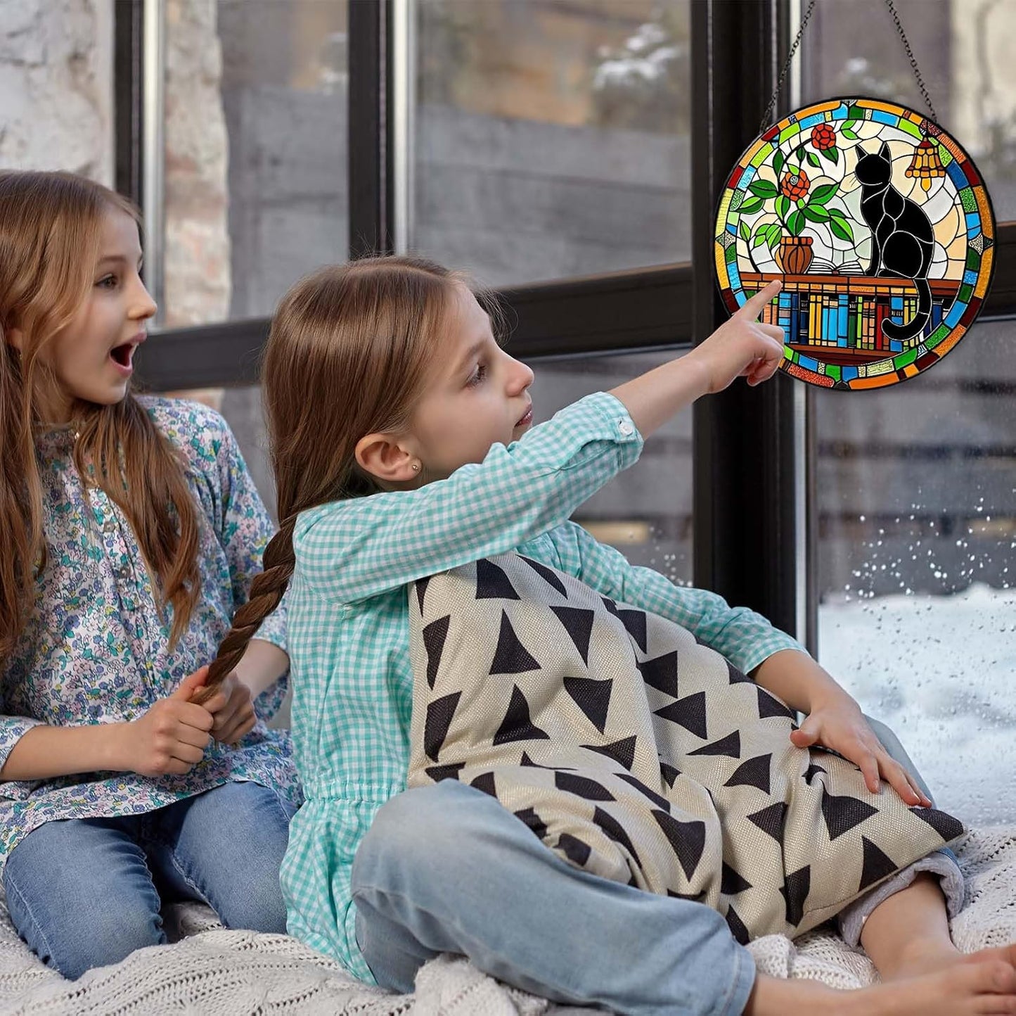 Cat Sun Catcher Stained Glass Window Hanging Book Lover Gifts for Women Book Wall Decor Handmade Sun Catcher Black Cat Sitting On Bookshelf Decoration for Home Room Housewarming Gifts