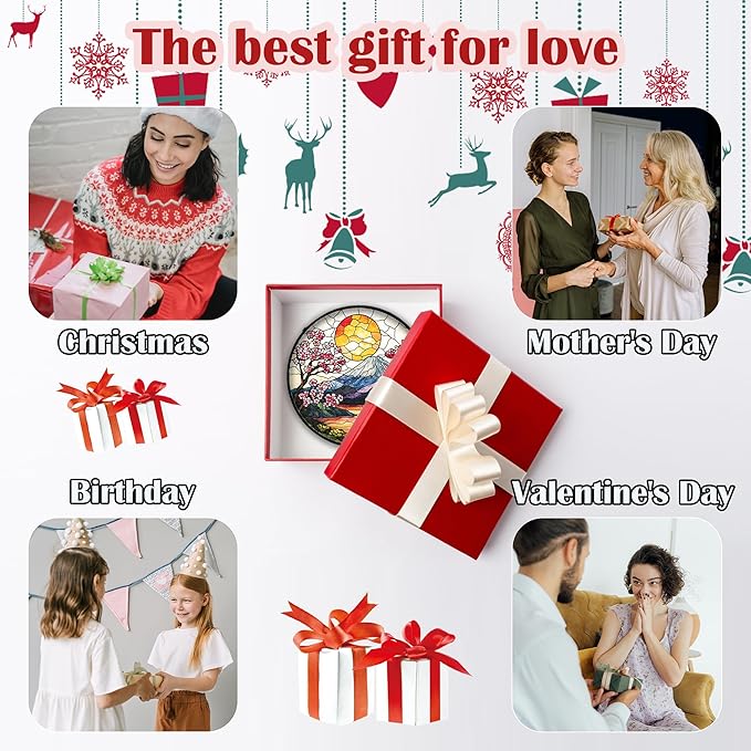 Stained Glass Window Hanging, Sun Blooming Cherry Blossoms Suncatcher Diamond Glass Panel Sun Catchers Decor for Birthday for Women, Men, Wife, Aunt, and Mom 6.3 in