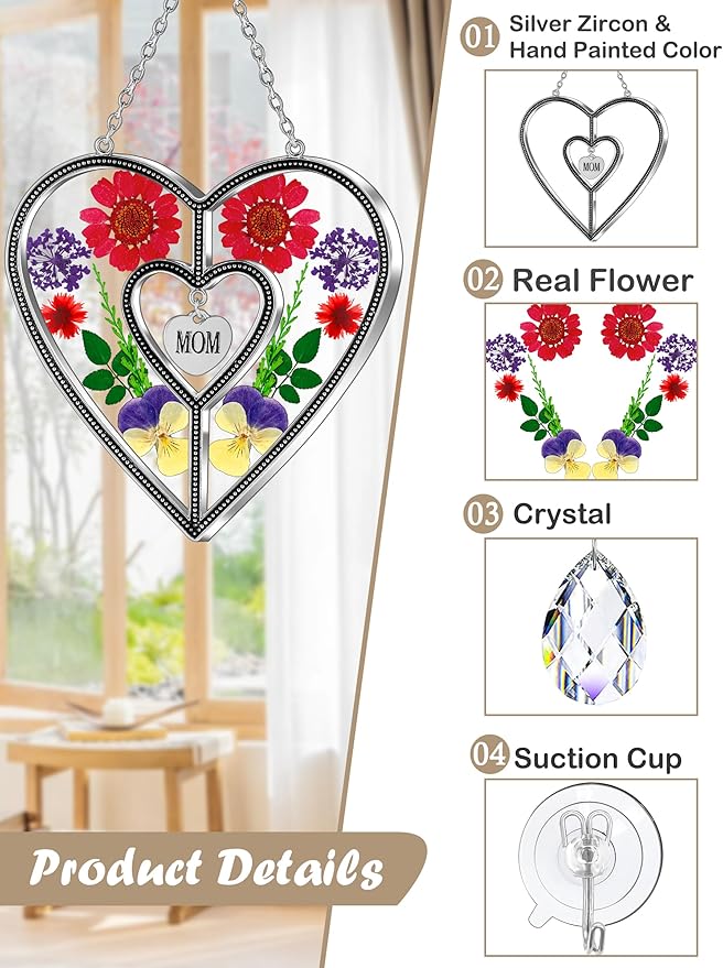 KY&BOSAM Heart Suncatcher Mom Gift Ornament Stained Glass Panles Hangings for Windows Sun Catcher with Pressed Flower Heart in Glass Birthday Gifts for Women Mother`s Day Christmas Home Garden Decor