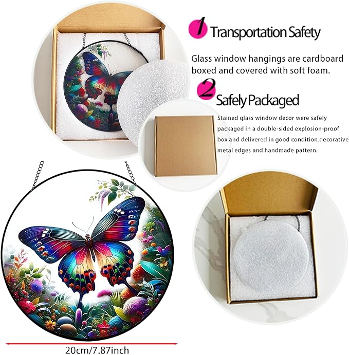 RIVEENY Butterfly Stained Glass Window Hangings, 8" Monarch Butterfly Hanging Stained Glass for Windows, Sun Catcher Garden Hangings Christmas Mother's Day, Valentine's Day Ornaments Festival Gift