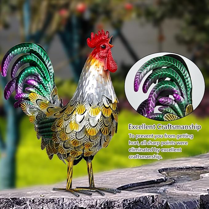 XONOR Metal Rooster Statues, Garden Chicken Decorations, Outdoor Chicken Sculpture, Metal Yard Rooster Artwork for Outdoor, Patio, Backyard and Home Kitchen Decoration (1pc, Vintage Golden)