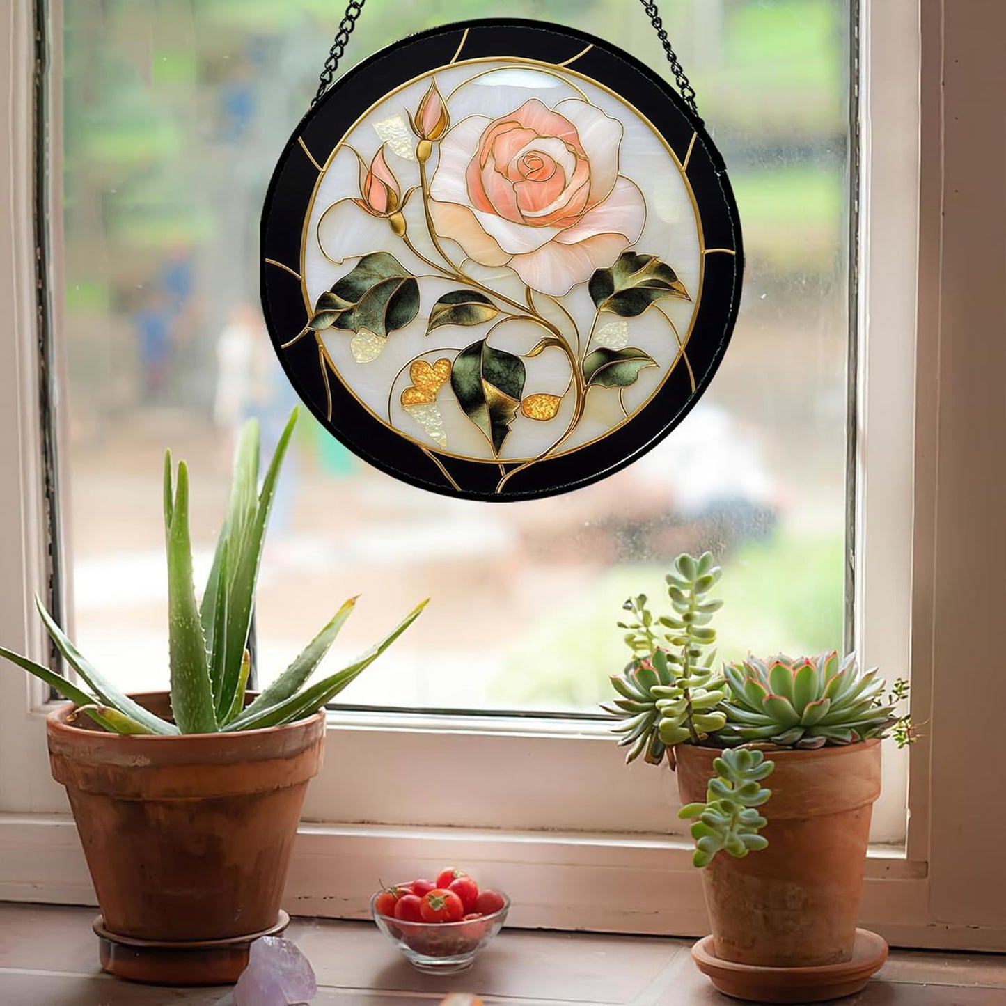 Stained Glass Window Hanging - Black White Pink Rose Sun Catcher for Door Home Decor Flower Suncatcher Christmas Mother's Day Birthday Gifts for Women Men Lovers Mom Nana 9.8 in