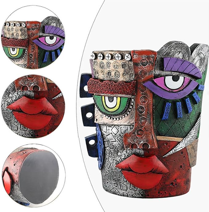 Picasso Brutalist Abstract Beauty Face Flower Pot Acolorful Art Resin Handmade Face Planters Pots Head for Home Art Decor Balcony Ornaments (Serious)