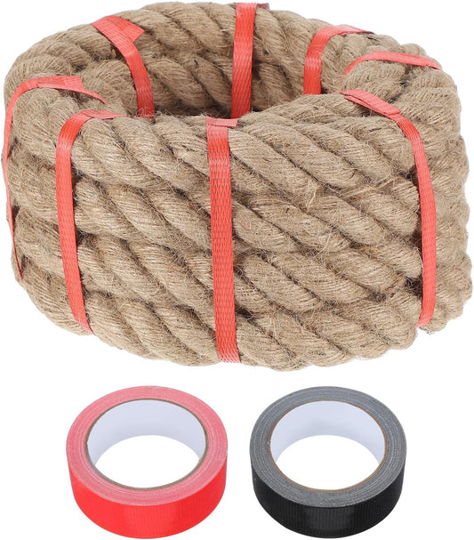 MECCANIXITY Jute Rope 1.3 Inch x 15ft, Thick Twine Rope Ropes Braided Jute Twine Natural Brown Burlap Cord String Heavy Twisted with Tapes for Decorative Crafts Railing Swing Tug of War