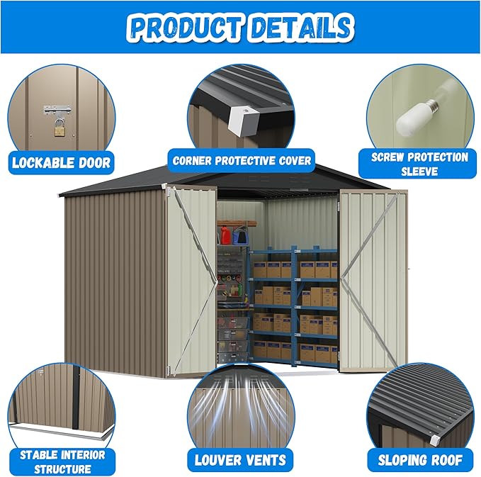 Greesum 8x8FT Outdoor Storage Shed, Utility Tool Shed Metal Storage Garden Shed with Door & Lock for Patio Storage, Brown