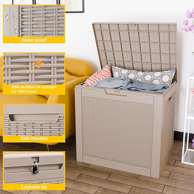 DRATO 31 Gallon Deck Box, Outdoor Storage Box for Patio Cushion, Garden Tools, Waterproof Resin Storage Box (Light Brown)