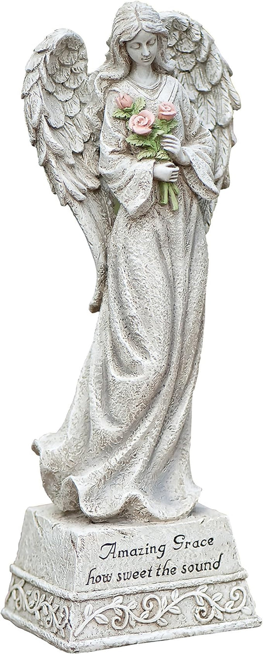 Roman Exclusive Standing Angel with Roses and Amazing Grace Verse, 14-Inch, Made of Resin Stone