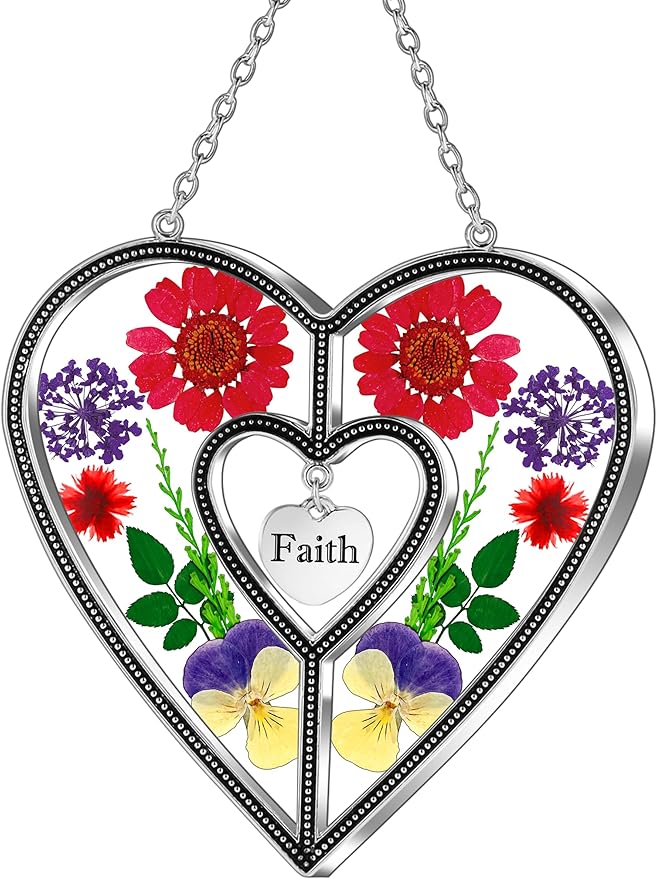 KY&BOSAM Heart Suncatcher Faith Stained Glass Hangings for Windows Sun Catchers Birthday Gifts for Women Real Flower Glass & Metal Maker for Christmas Tree Wedding Party Patio Home Garden Decor