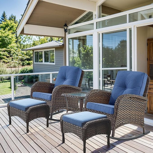 HUMMUH 5 Pieces Wicker Patio Furniture Set,Outdoor Rocker Chairs,Patio Ottomans,Glass Top Side Table,Outdoor Conversation Set for Porch Deck Backyard Poolside